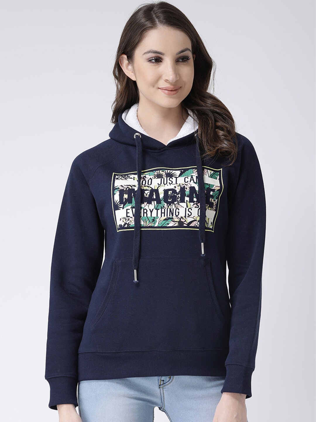 

Club York Women Navy Blue Printed Fleece Hooded Sweatshirt