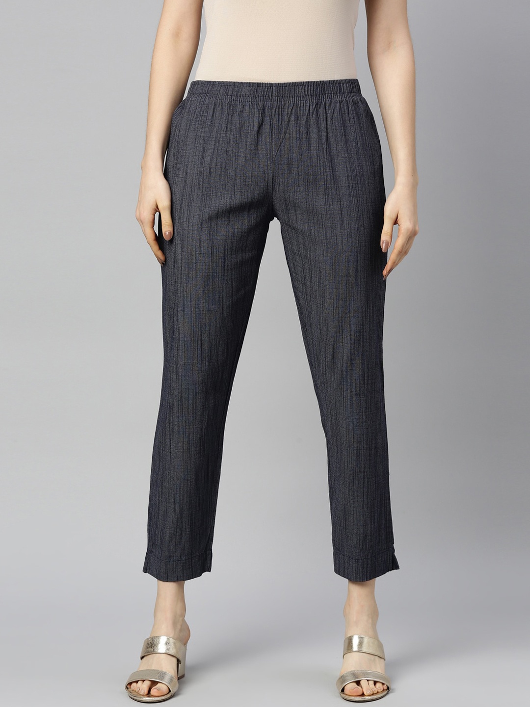 

GOLDSTROMS Women Blue Striped Cotton Cigarette Trousers
