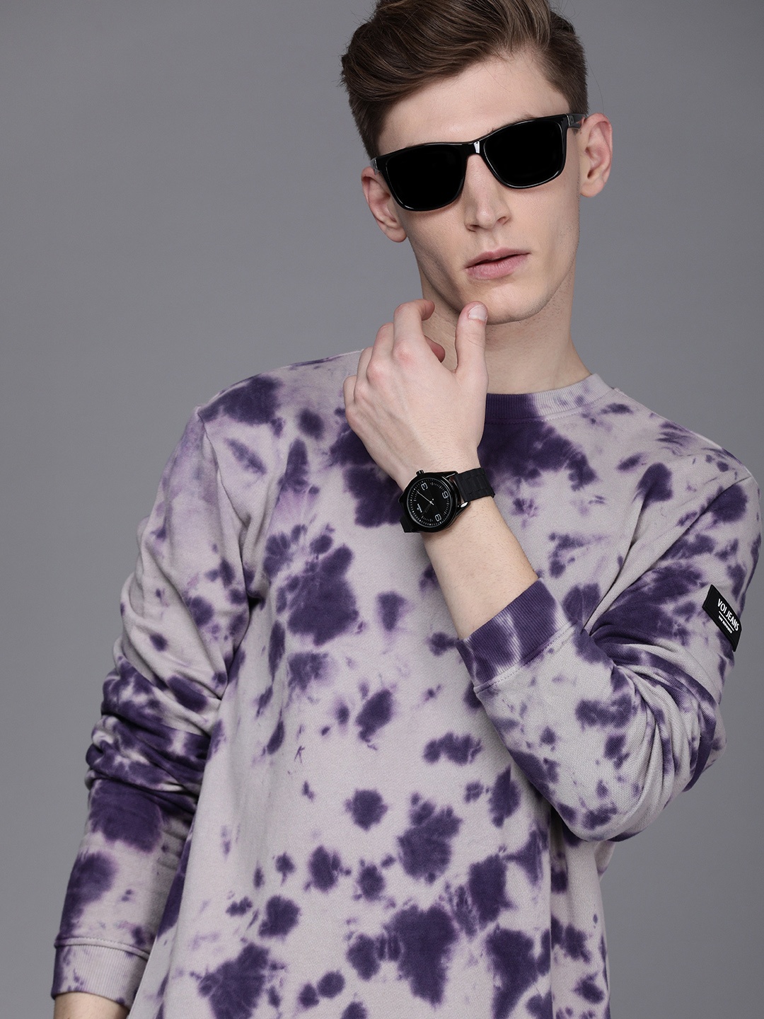 

Voi Jeans Men Purple Tie & Dye Colourblocked Cotton Sweatshirt