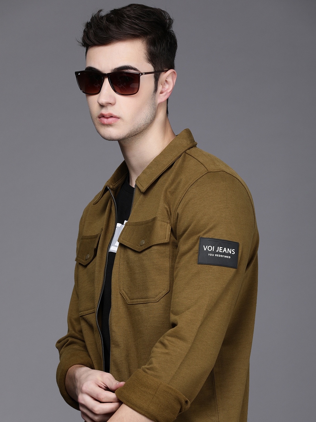 

Voi Jeans Men Olive Green Solid Front-Open Sweatshirt