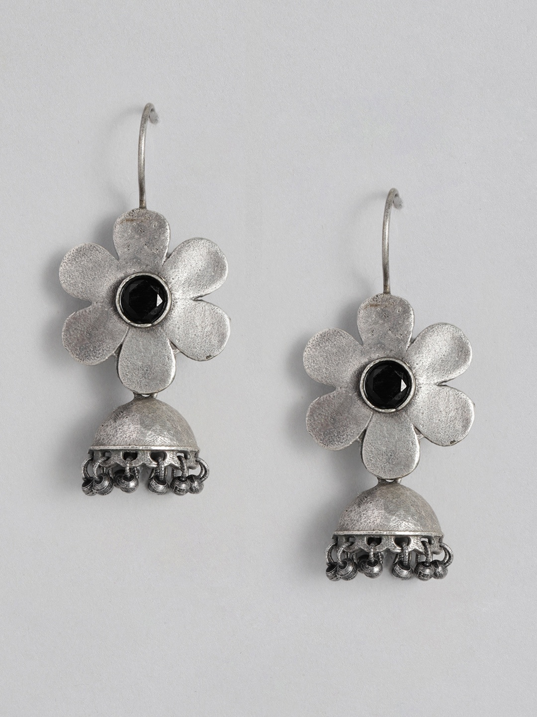 

EL REGALO Silver-Toned & Black Flower Jhumkas