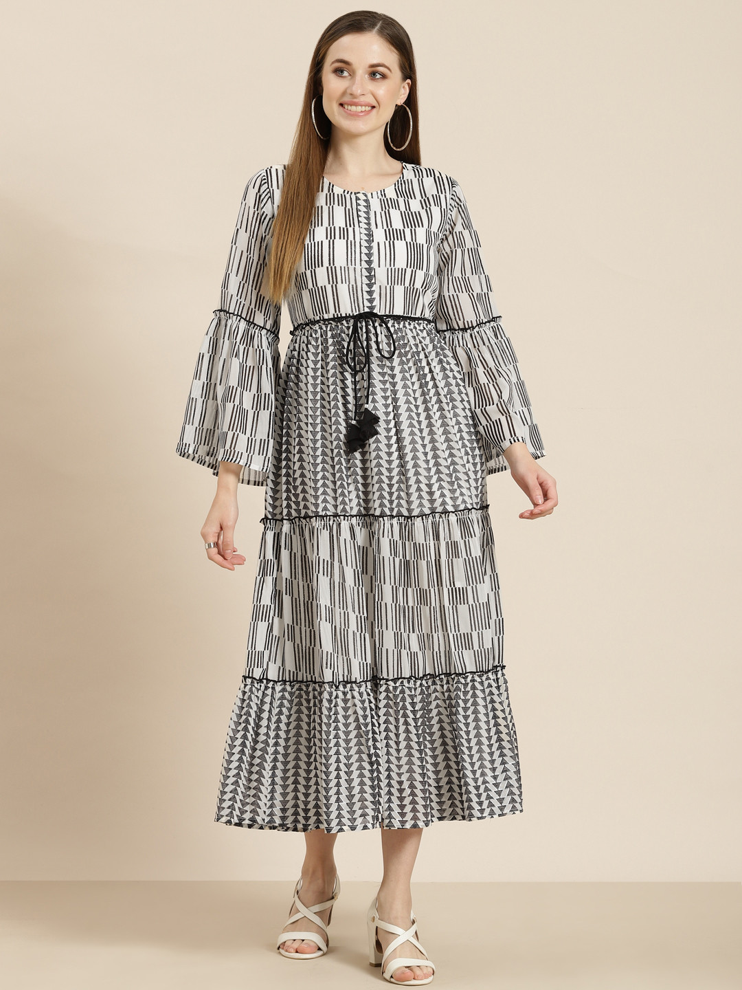 

Juniper Black & Off-White Geometric Printed Georgette Ethnic Midi Tiered Dress