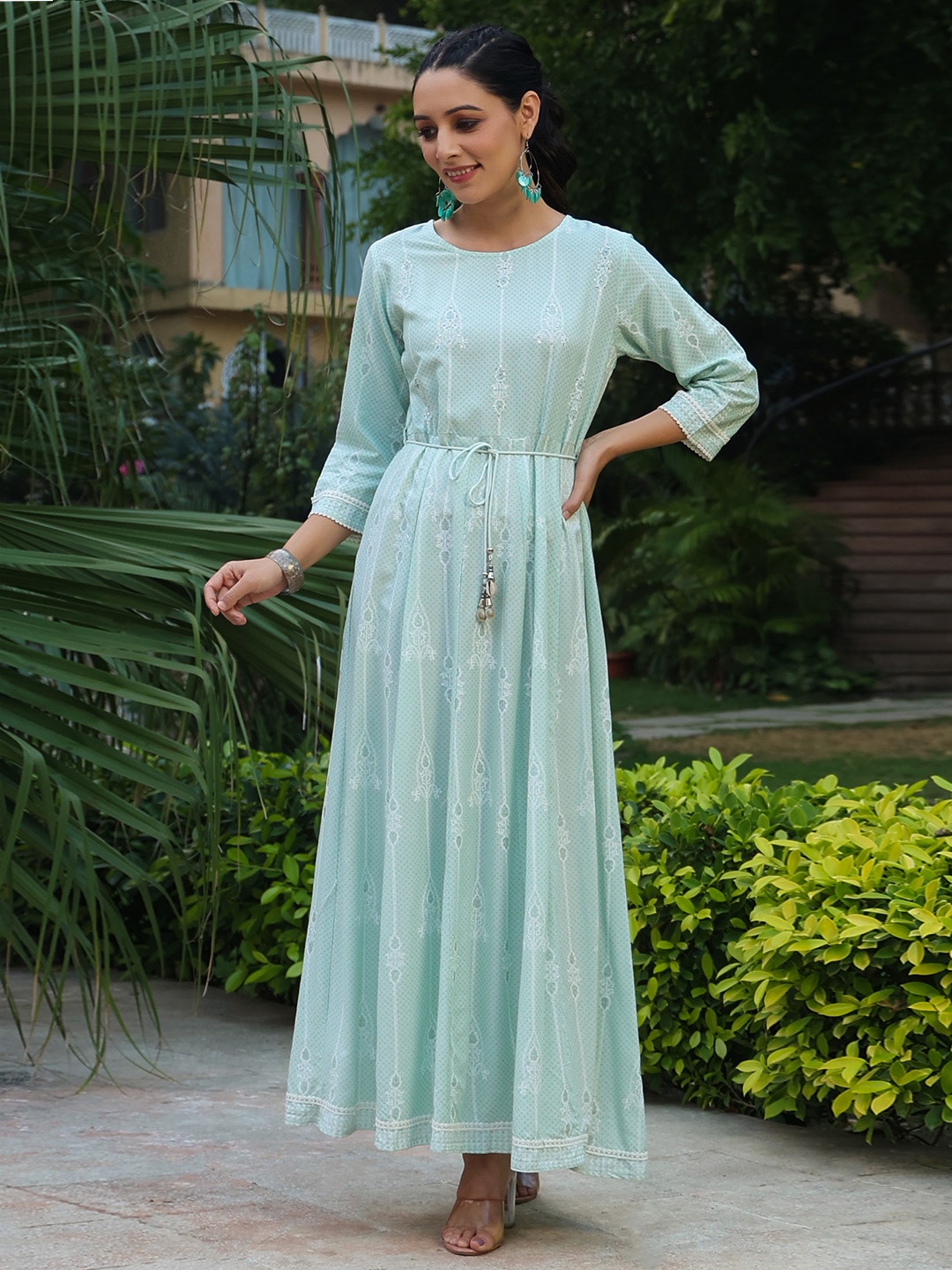 

Juniper Green & White Ethnic Motifs Printed Liva Anarkali Dress