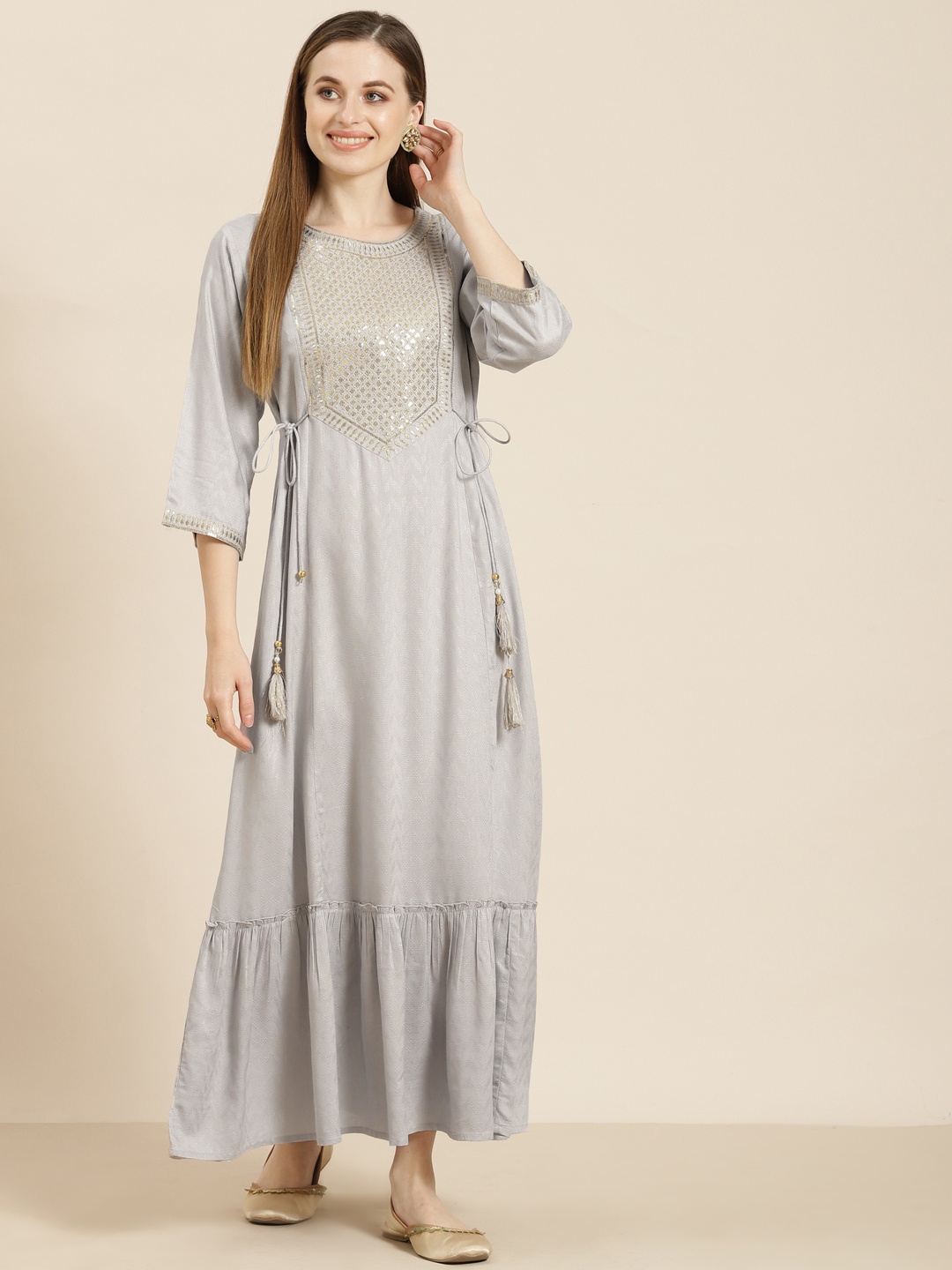 

Juniper Grey & Gold-Toned Ethnic Maxi Embroidered Tiered Dress