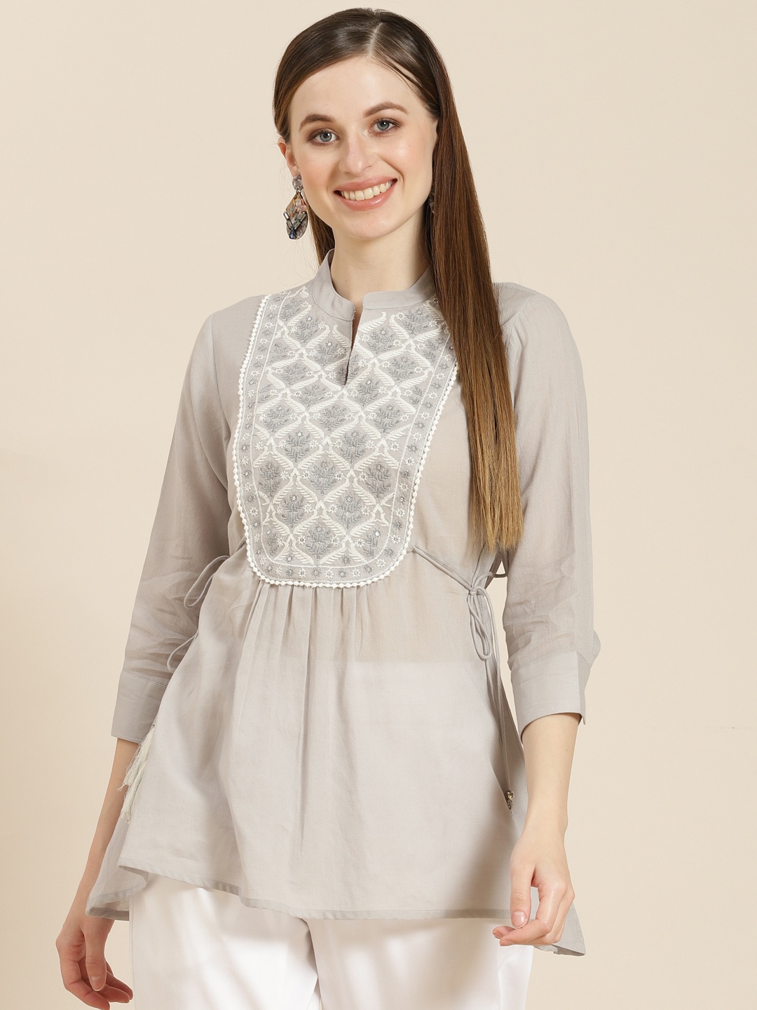 

Juniper Grey & White Mandarin Collar Embroidered Tunic