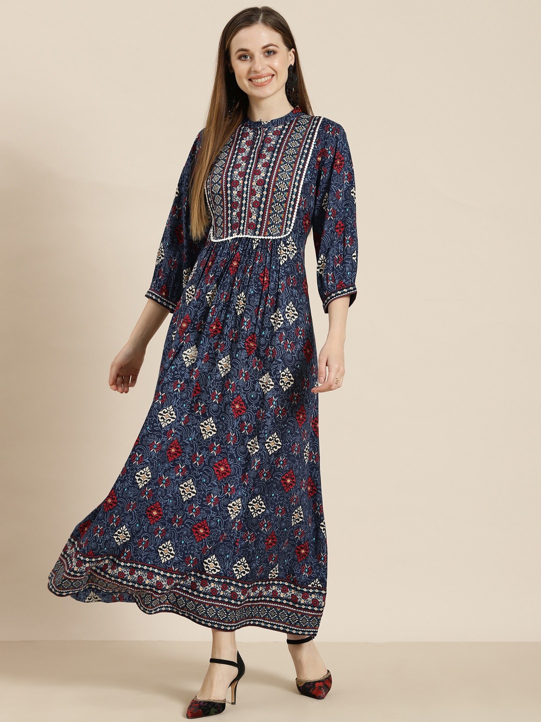 

Juniper Navy Blue & Multicoloured Ethnic Motifs Printed Liva Flared Dress