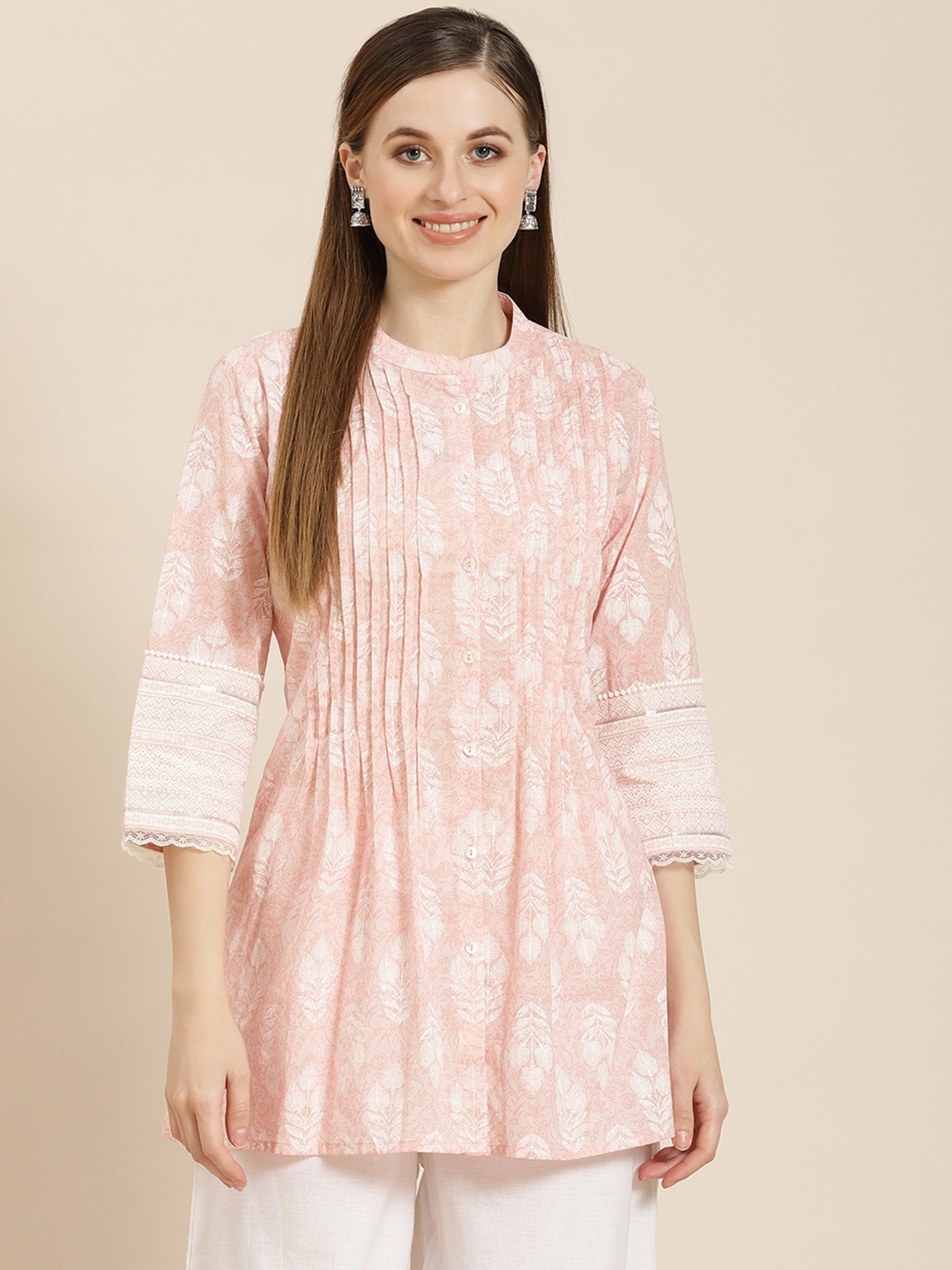 

Juniper Peach-Coloured & Off White Mandarin Collar Printed Tunic