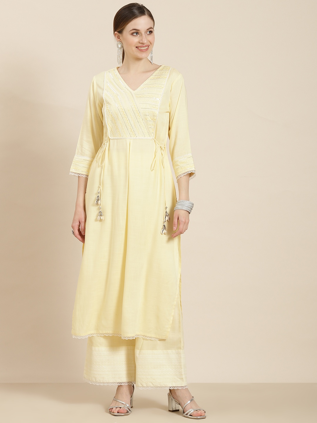 

Juniper Women Yellow Embroidered Sequinned Kurta with Palazzos