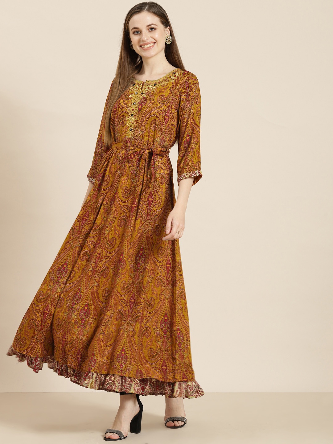 

Juniper Mustard Yellow & Maroon Ethnic Motifs Liva Ethnic Maxi Dress