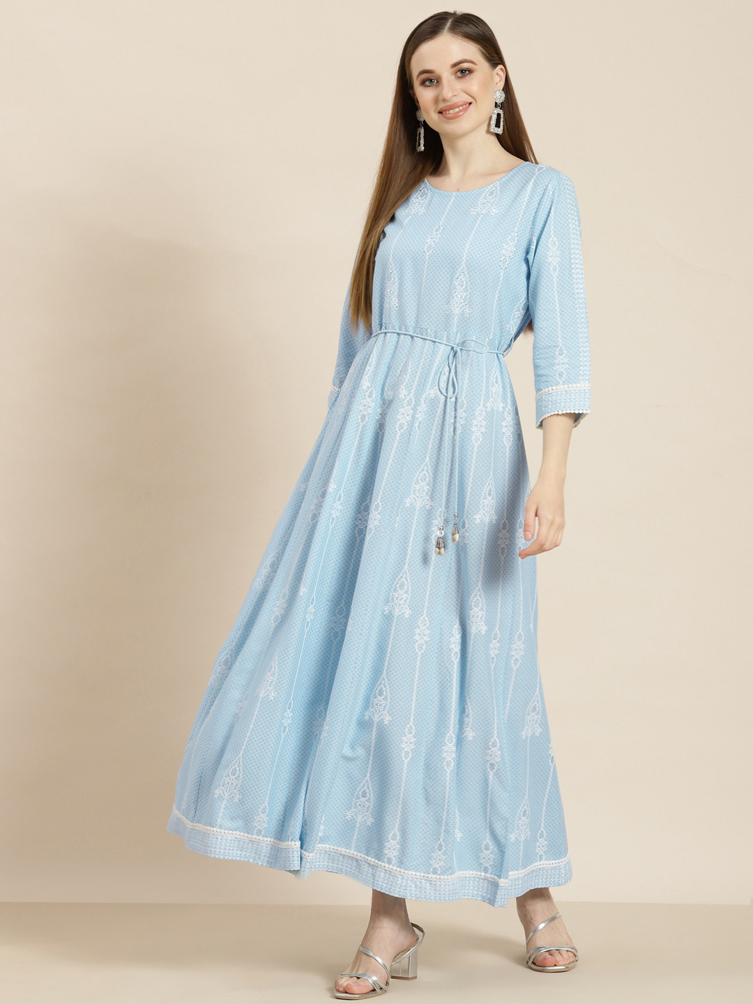 

Juniper Blue & White Ethnic Motifs Printed Round Collar Sequinned Liva Anarkali Maxi Dress