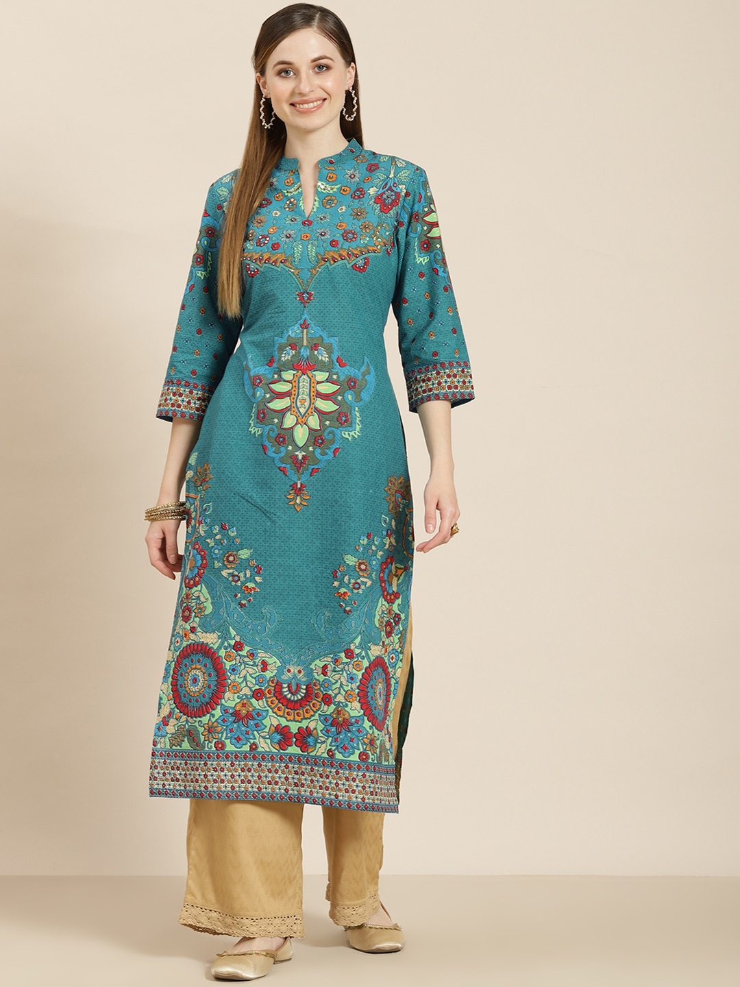 

Juniper Women Teal Blue Ethnic Motifs Printed Cambric Kurta