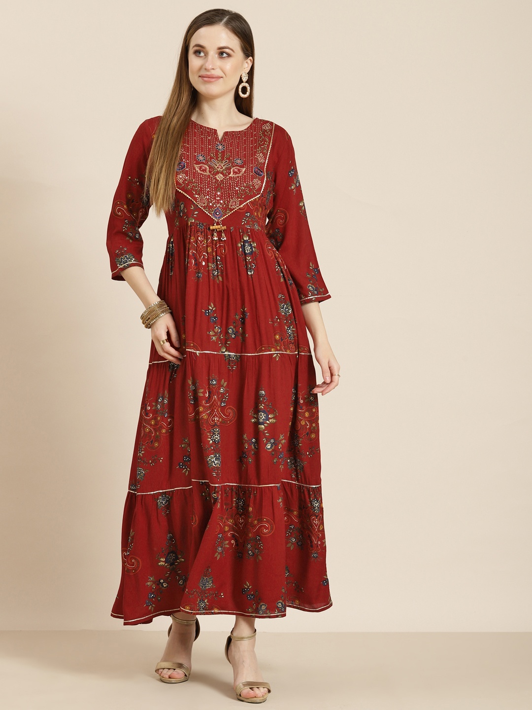 

Juniper Red Floral Printed Liva Ethnic Maxi Tiered Dress