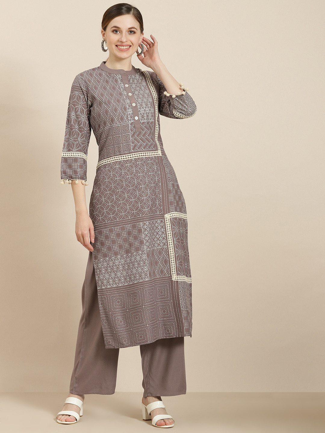 

Juniper Women Grey Printed Kurta with Palazzos