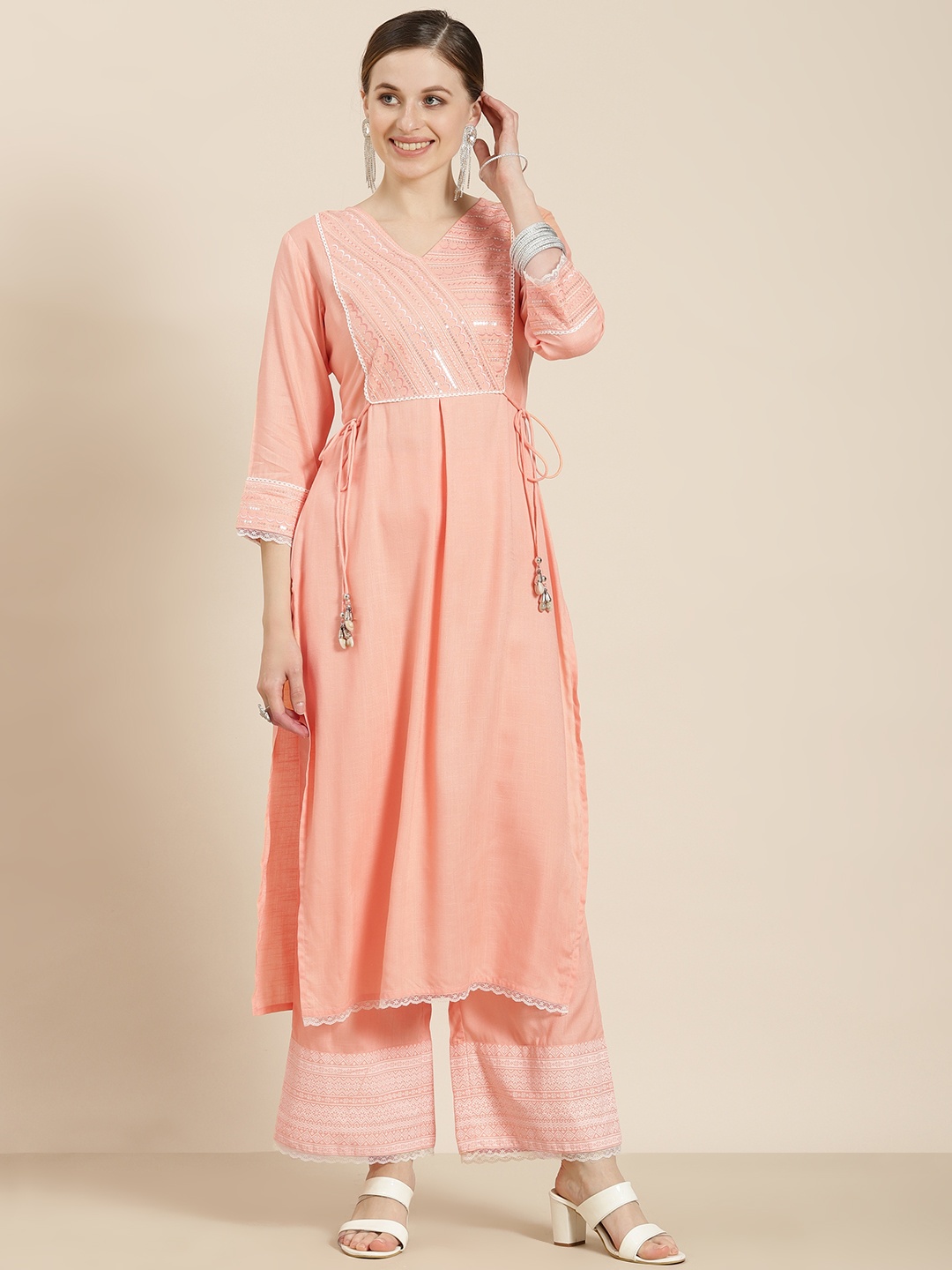 

Juniper Women Peach-Coloured Embroidered Sequinned Kurta with Palazzos