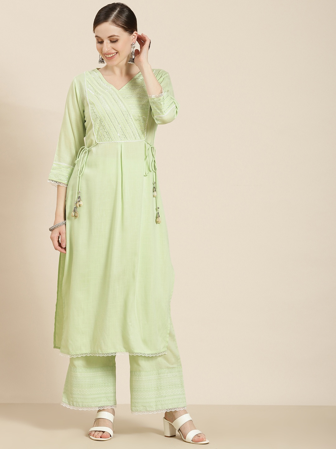 

Juniper Women Lime Green Embroidered Sequinned Kurta with Palazzos