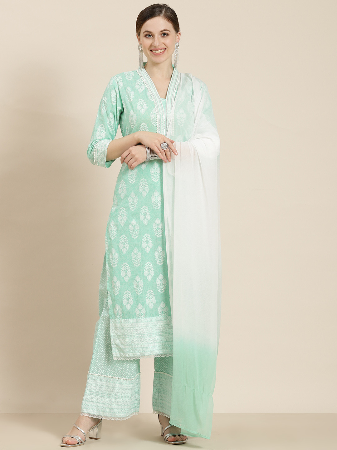 

Juniper Women Green Ethnic Motifs Printed Pure Cotton Kurta with Palazzos & With Dupatta