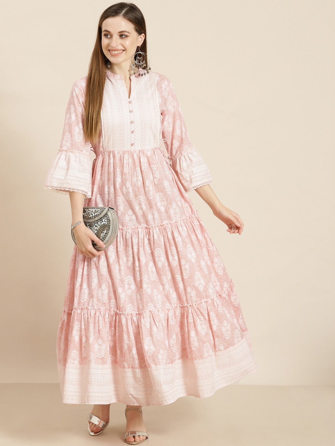 

Juniper Pink Ethnic Motifs Printed Cambric Tiered Dress