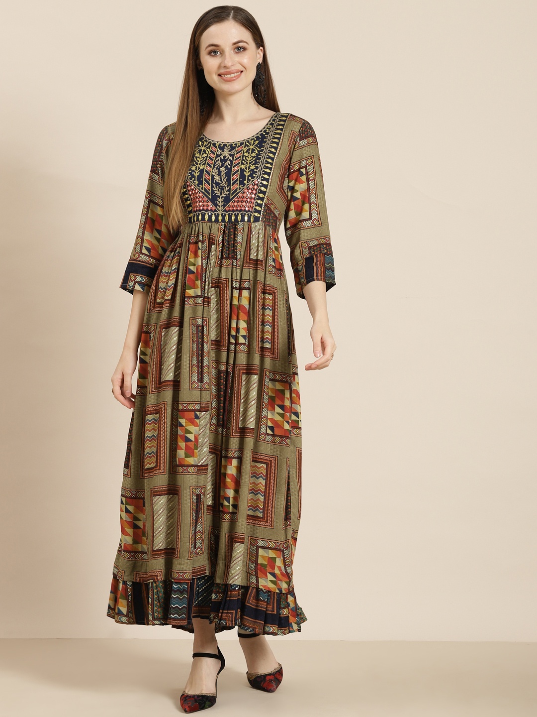 

Juniper Multicoloured Abstract Printed Round Neck Gathered or Pleated Rayon Empire Dress, Multi