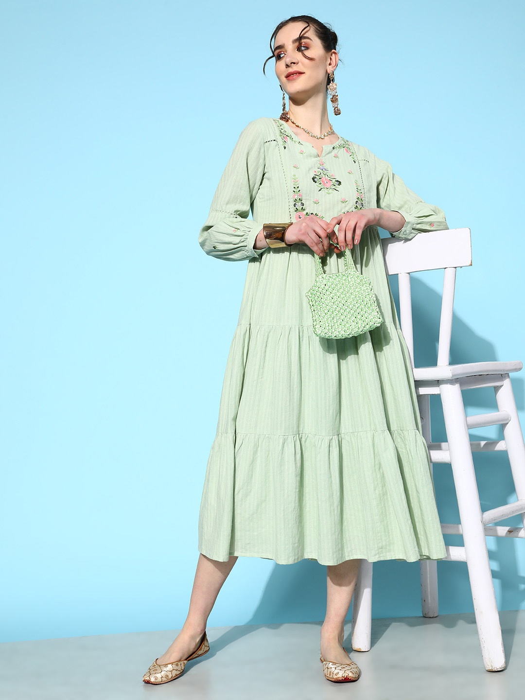 

Juniper Floral Embroidered Tiered Midi Fit & Flare Ethnic Dress, Green