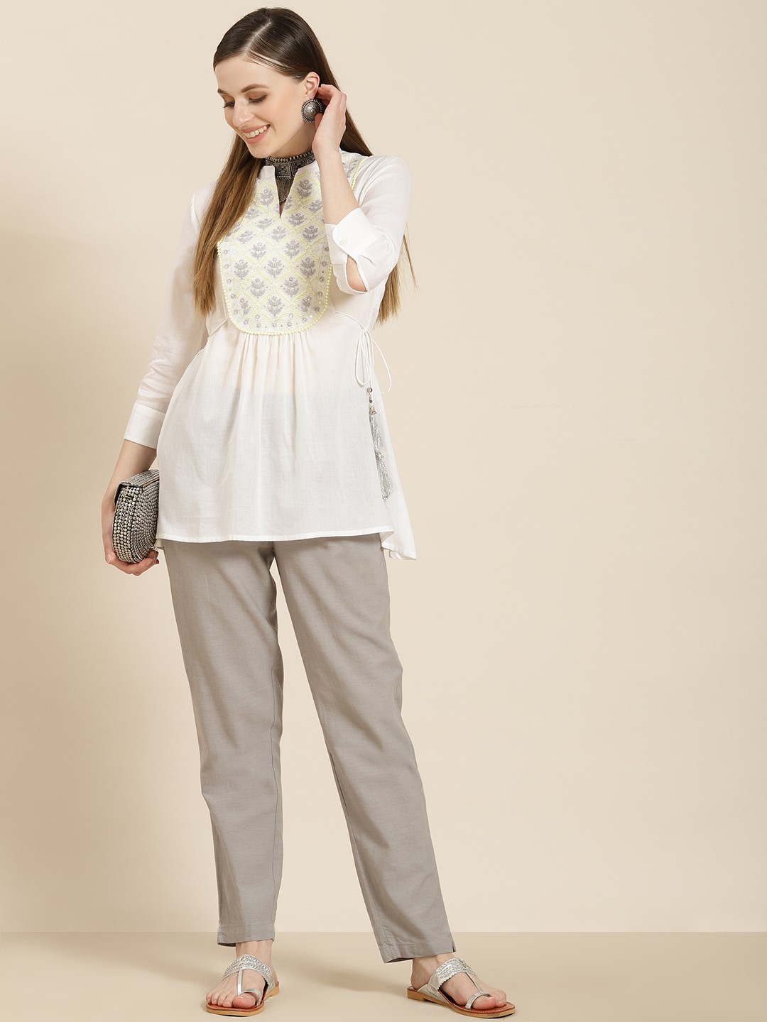 

Juniper White & Yellow Mandarin Collar Embroidered Tunic
