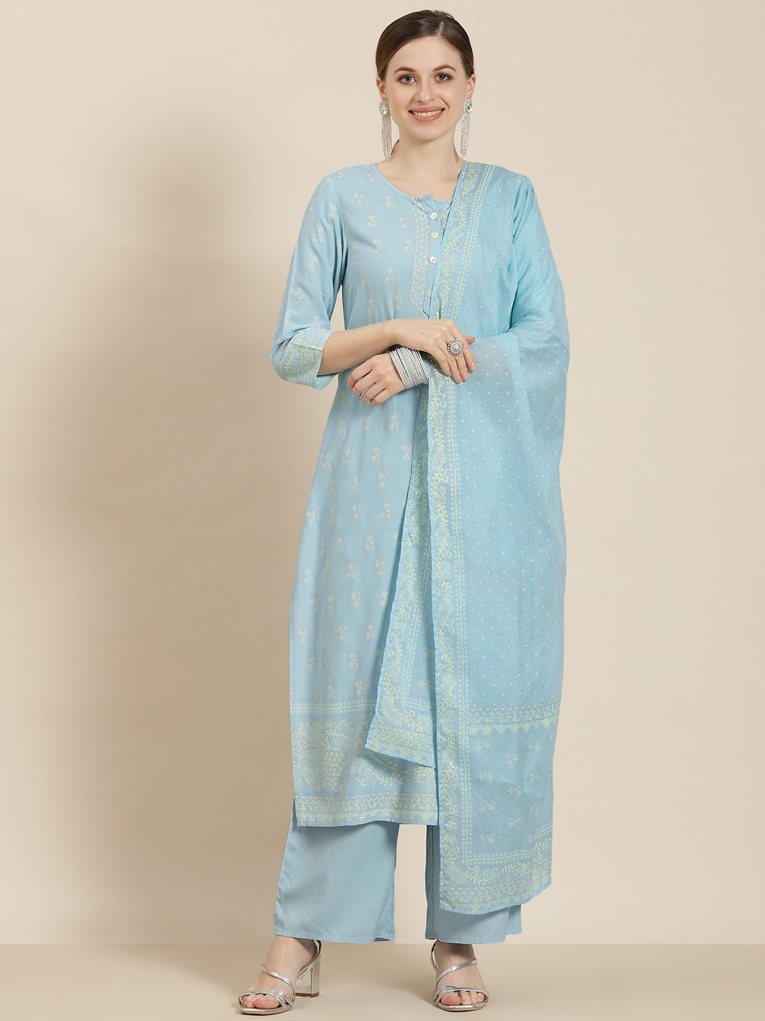 

Juniper Women Blue Floral Printed Kurta with Palazzos & With Dupatta