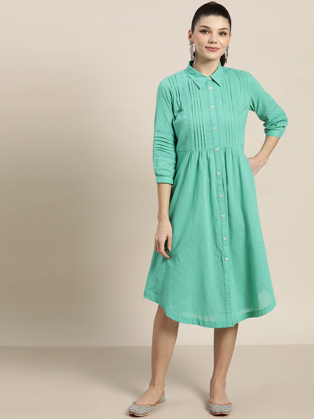 

Juniper Turquoise Blue Cotton Slub Pleated Shirt Midi Dress