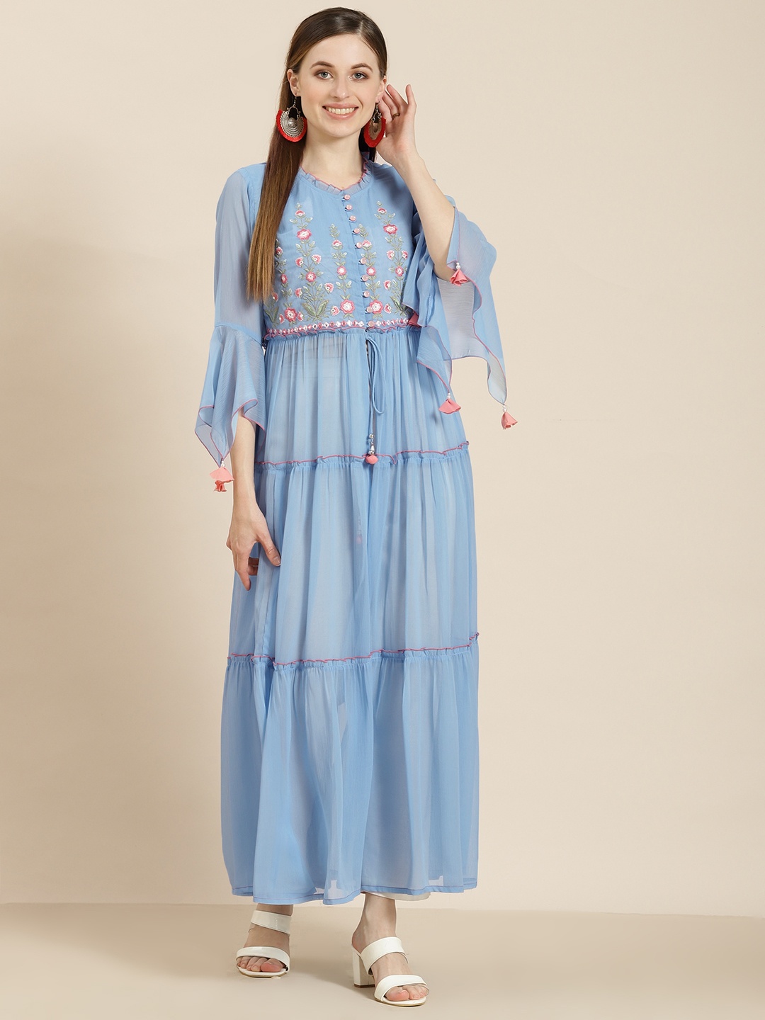 

Juniper Women Blue Floral Embroidered Flared Sleeves Tiered Kurta