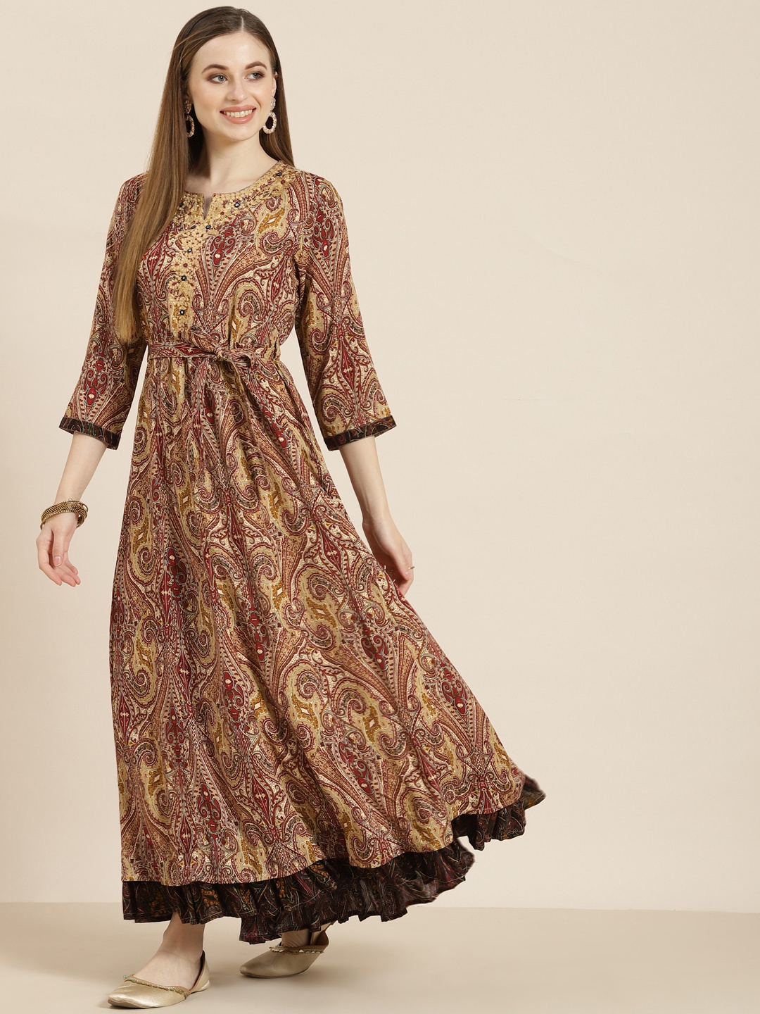 

Juniper Beige Ethnic Motif Printed Liva Maxi Dress