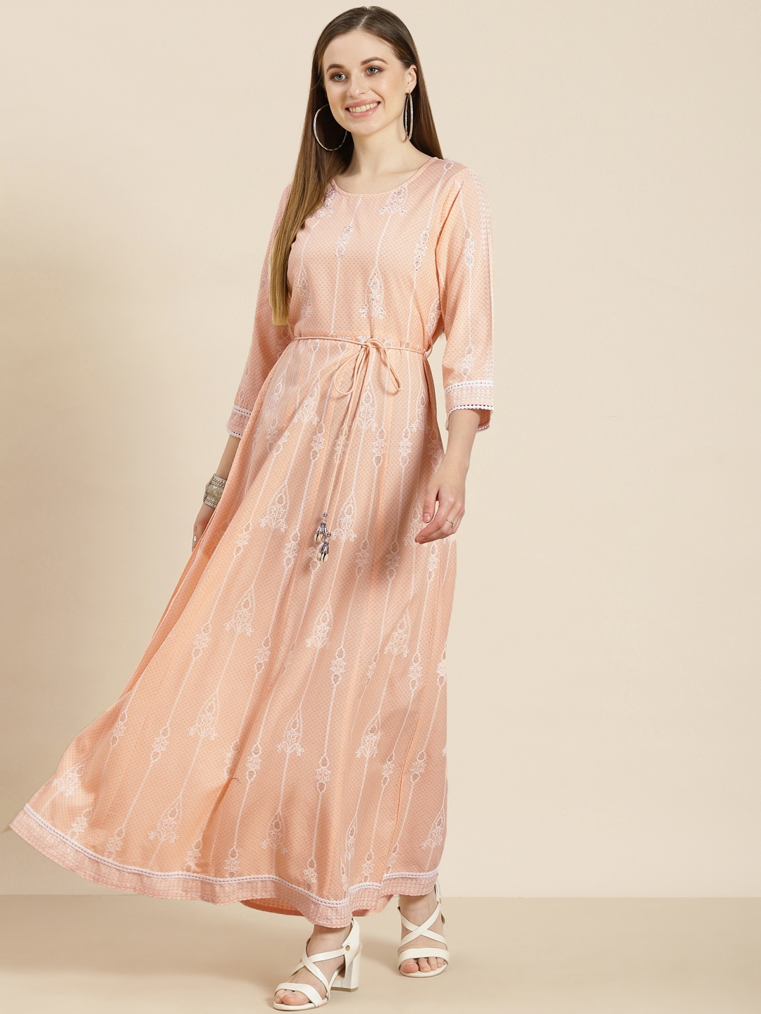 

Juniper Peach-Coloured & White Ethnic Motifs Printed Liva Anarkali Maxi Dress with Tie-Ups