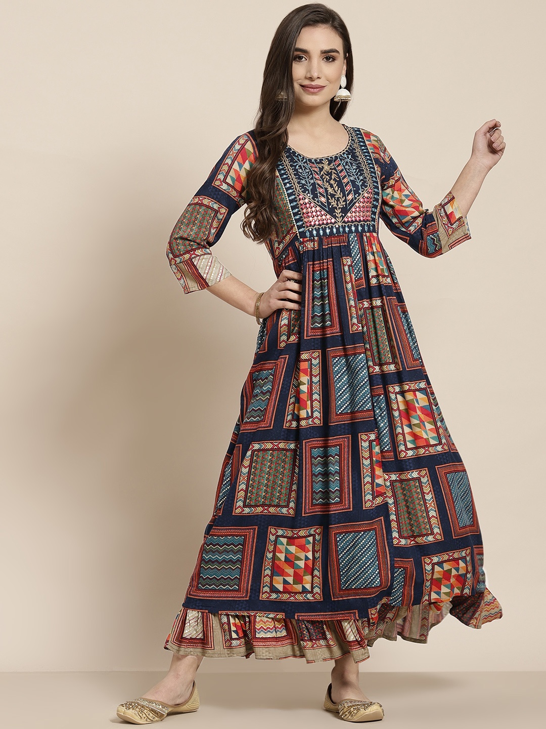 

Juniper Women Navy Blue Ethnic Printed Liva Maxi Dress