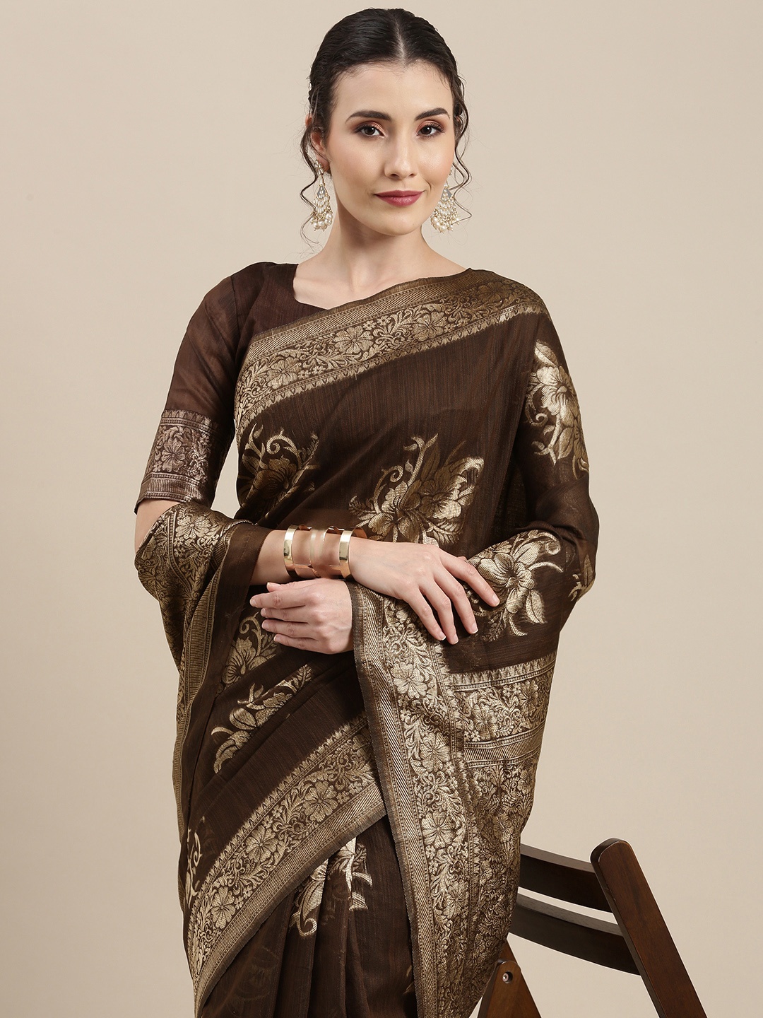 

Saree mall Brown Floral Linen Blend Banarasi Saree