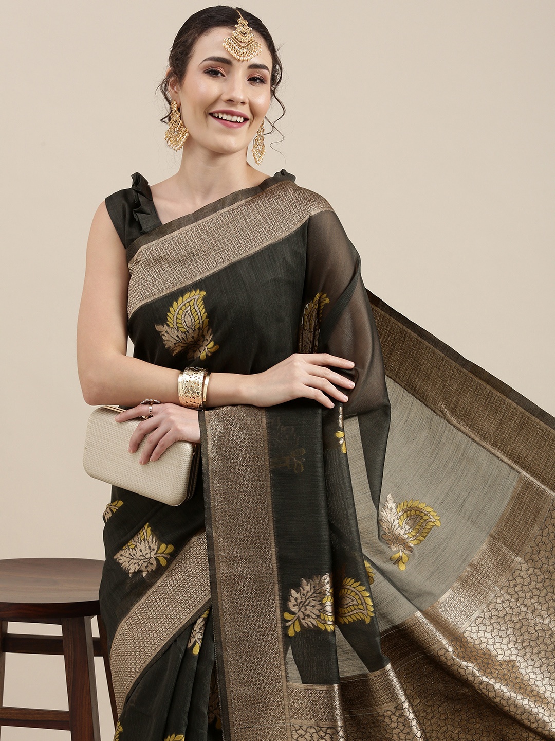 

Saree mall Grey Ethnic Motifs Linen Blend Banarasi Saree