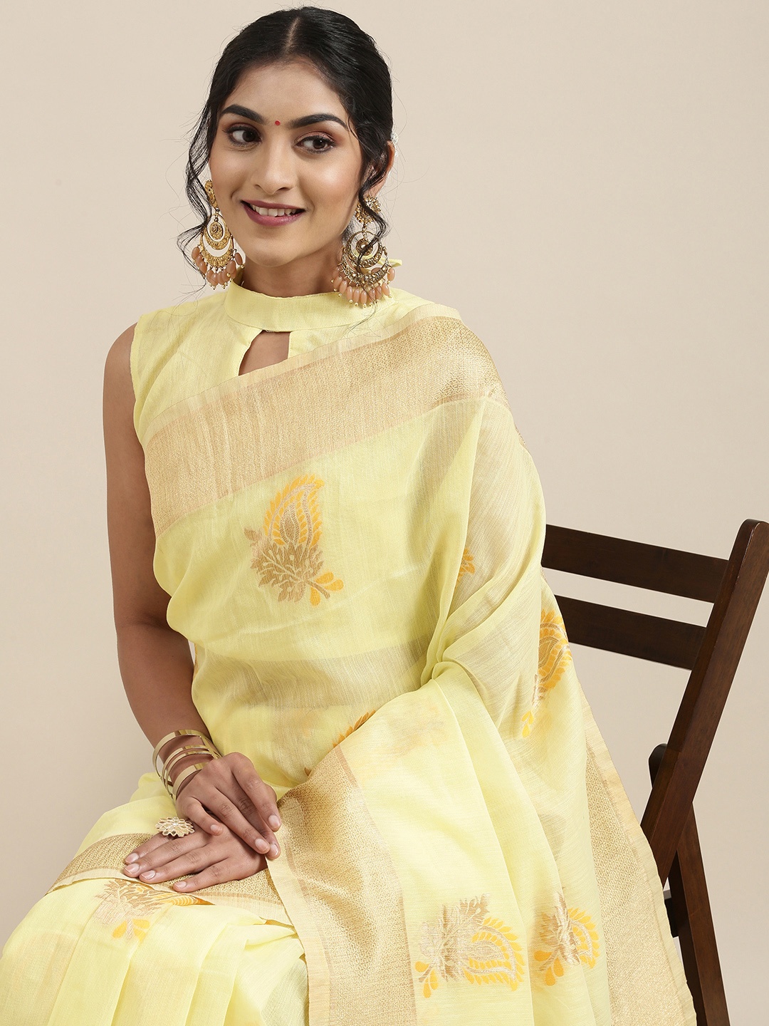 

Saree mall Yellow Paisley Linen Blend Banarasi Saree