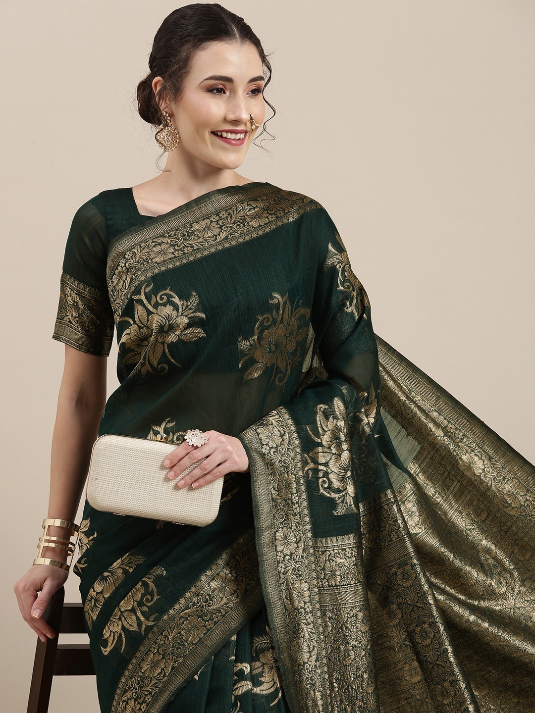 

Saree mall Green Floral Linen Blend Banarasi Saree