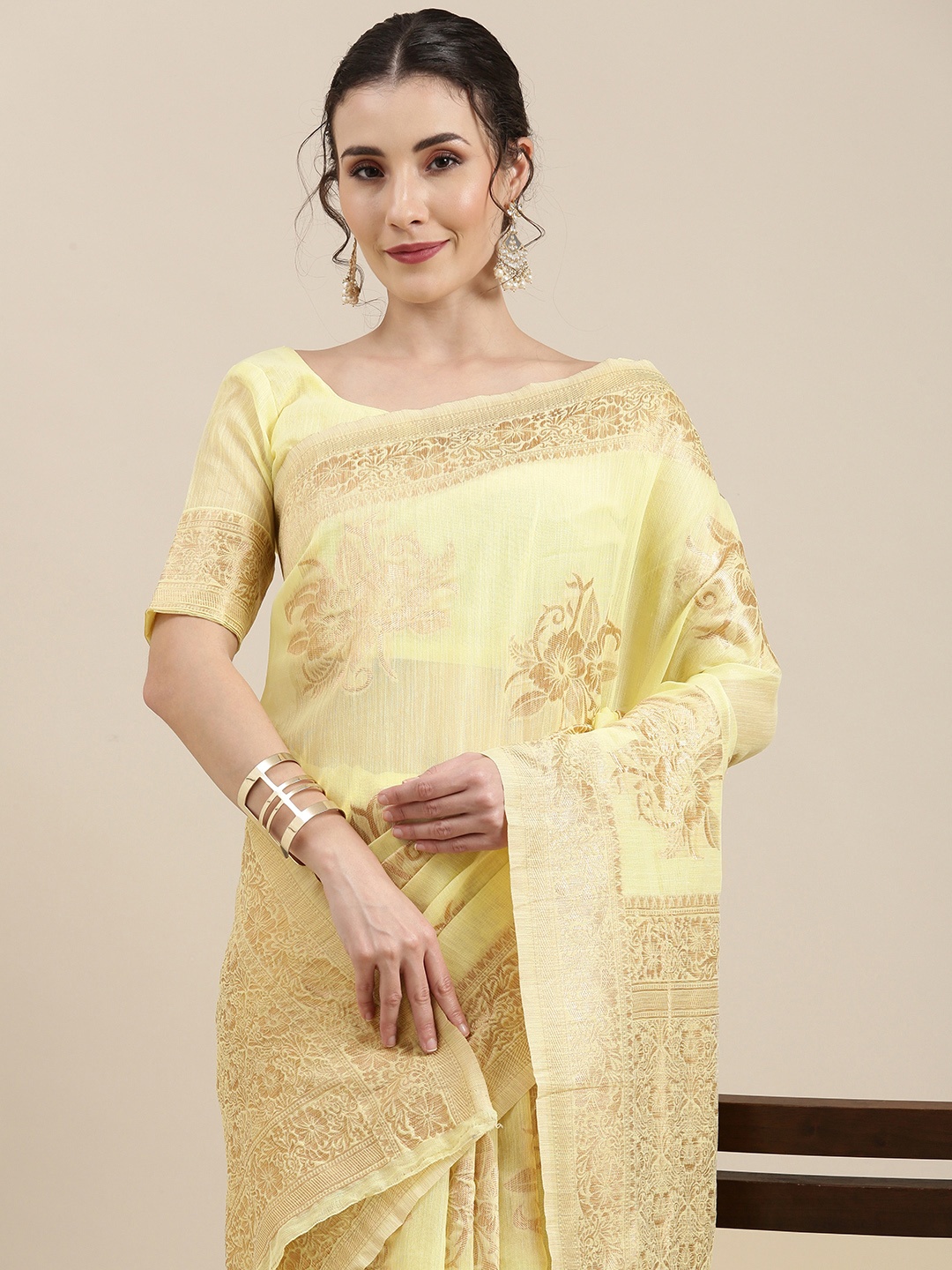 

Saree mall Yellow Floral Linen Blend Banarasi Saree