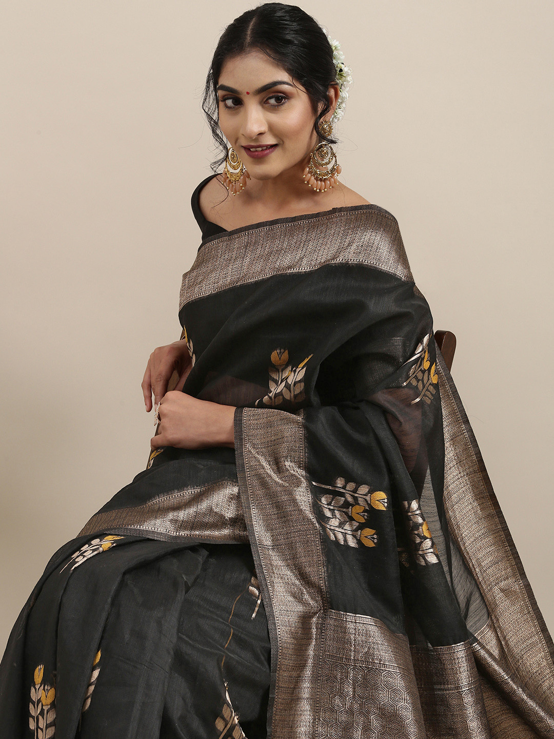 

Saree mall Black Floral Linen Blend Banarasi Saree