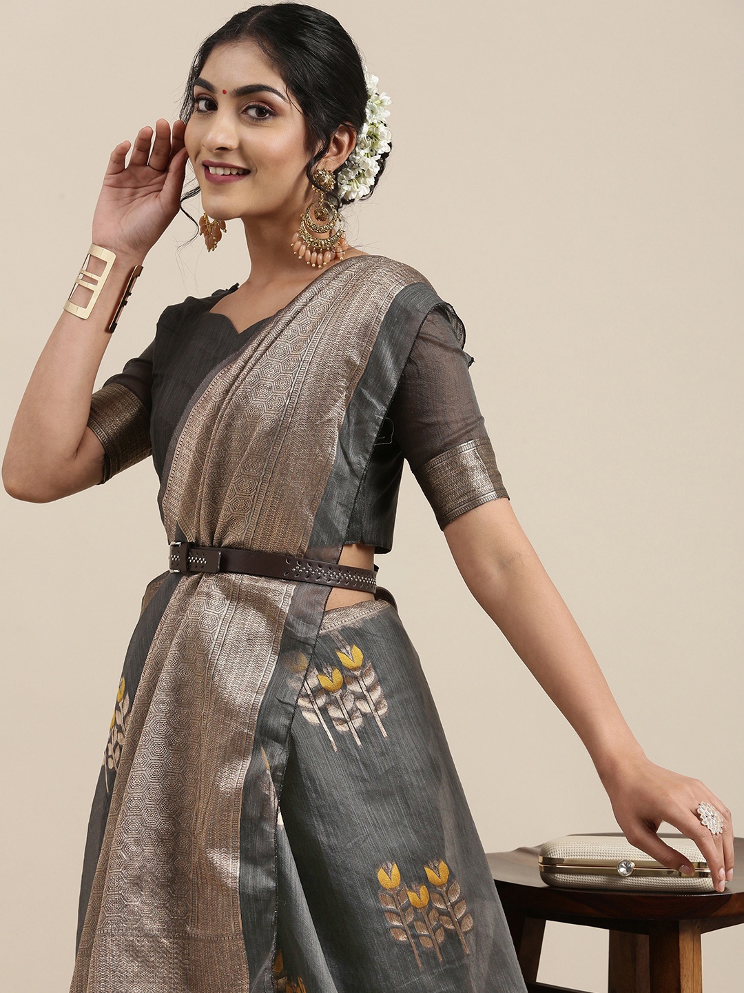 

Saree mall Grey Floral Linen Blend Banarasi Saree
