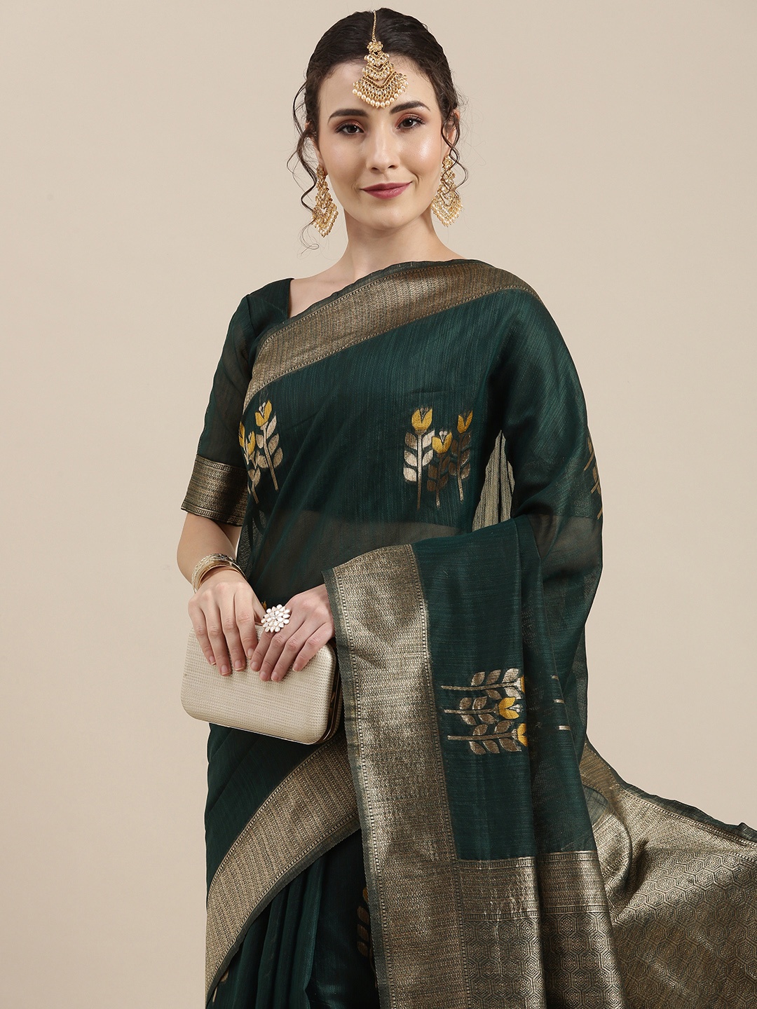 

Saree mall Teal Green Floral Linen Blend Banarasi Saree