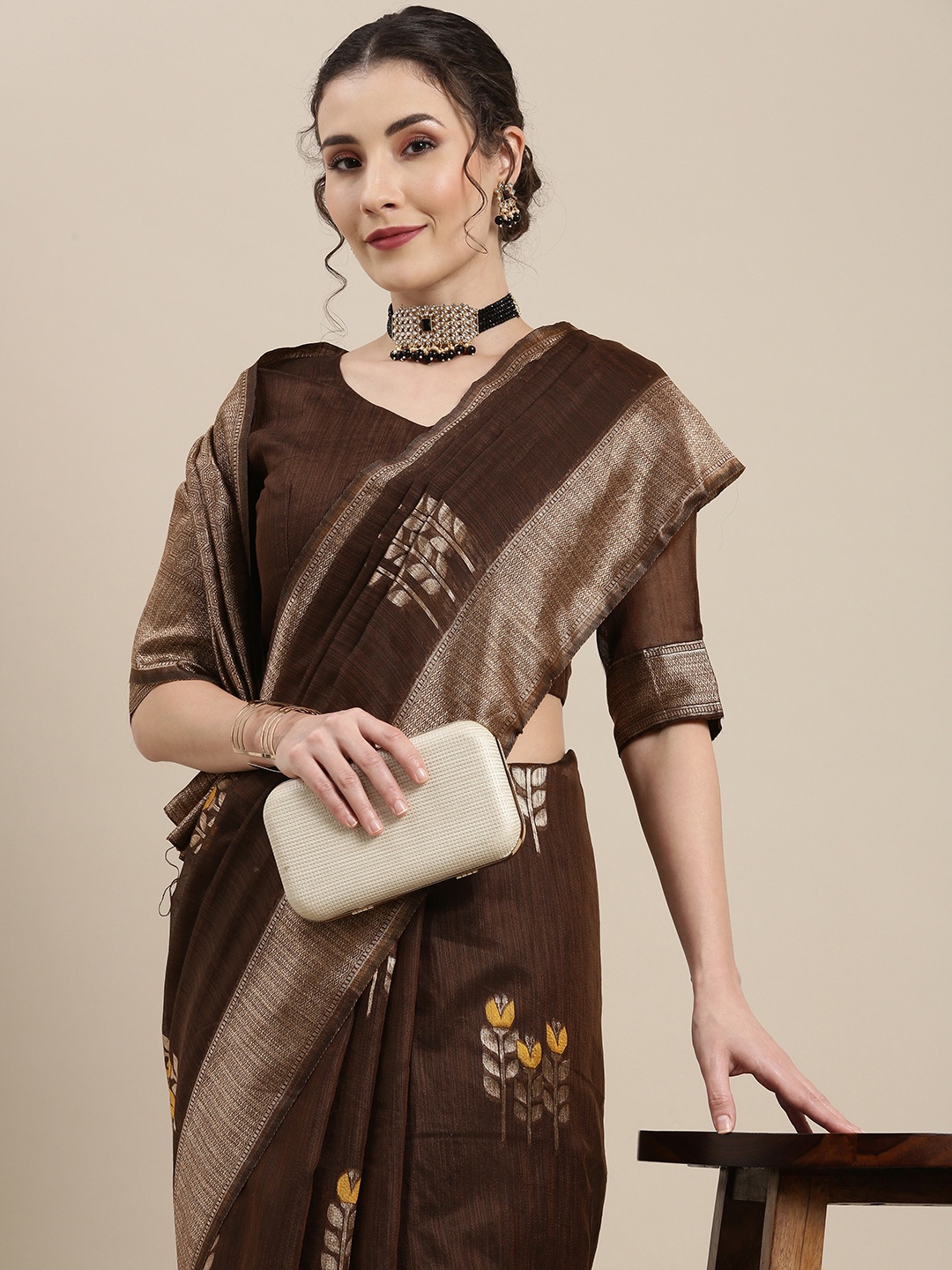 

Saree mall Brown Floral Linen Blend Banarasi Saree