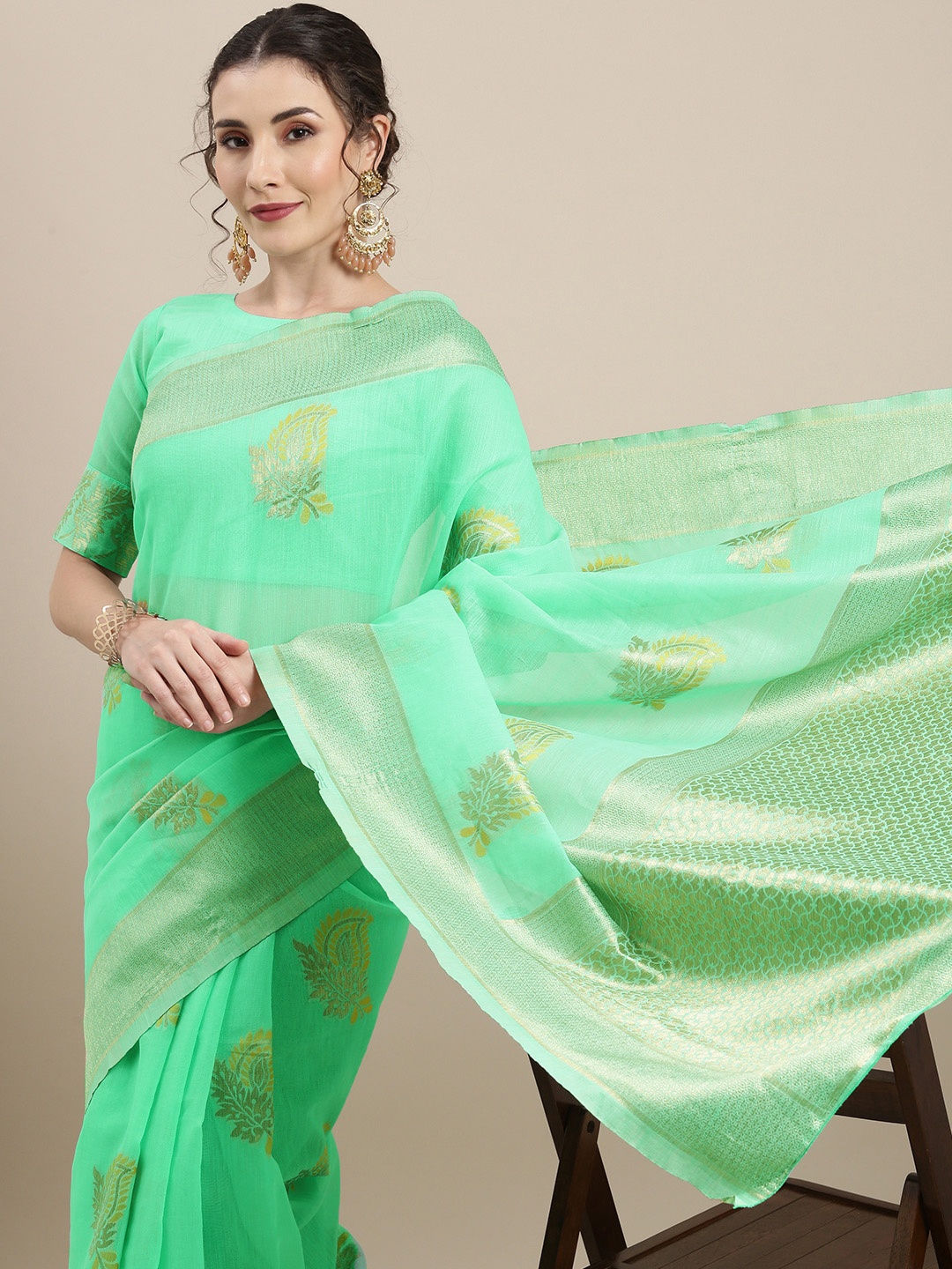 

Saree mall Sea Green Paisley Linen Blend Banarasi Saree