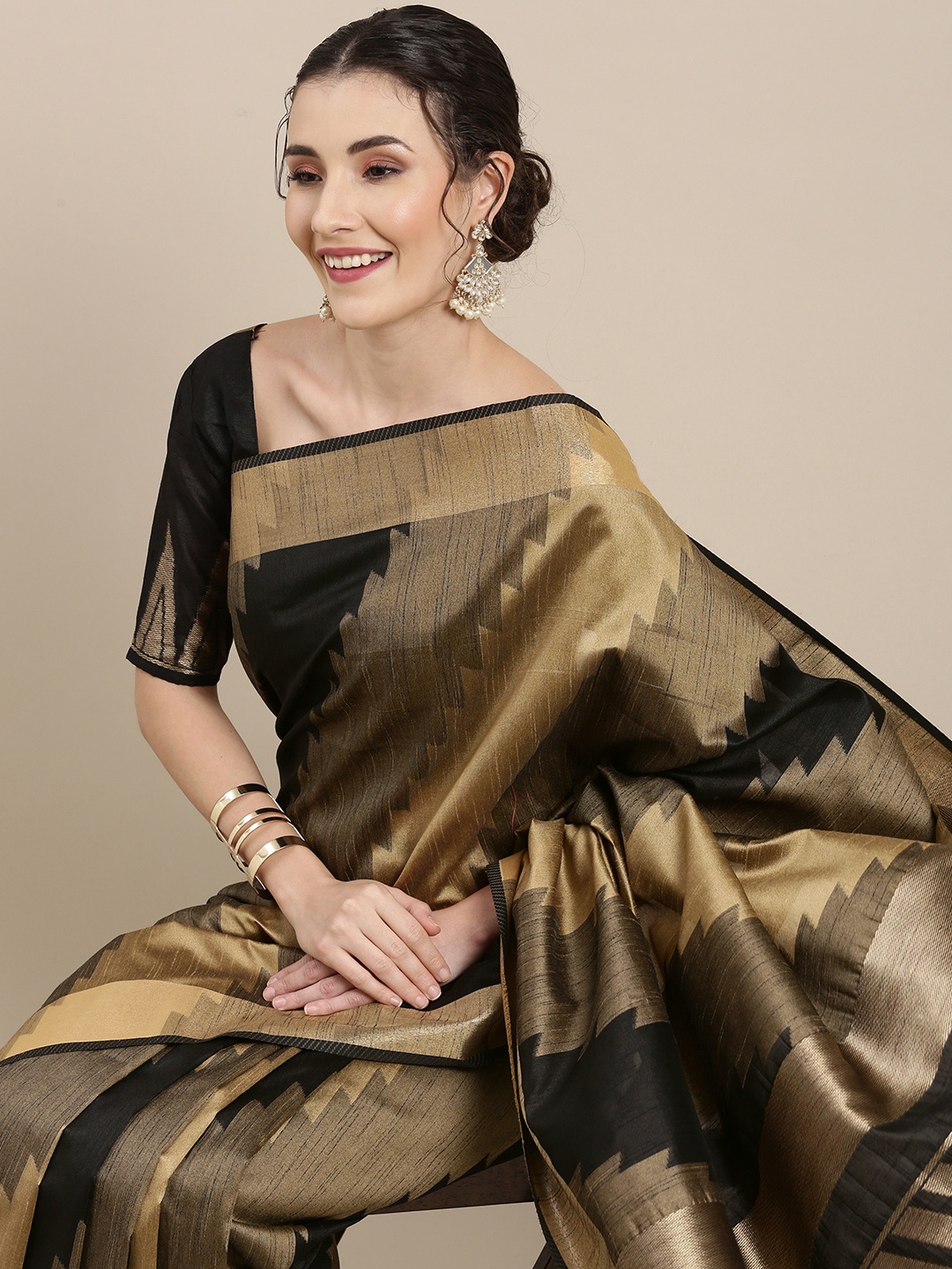 

Saree mall Black & Gold-Toned Silk Cotton Banarasi Saree