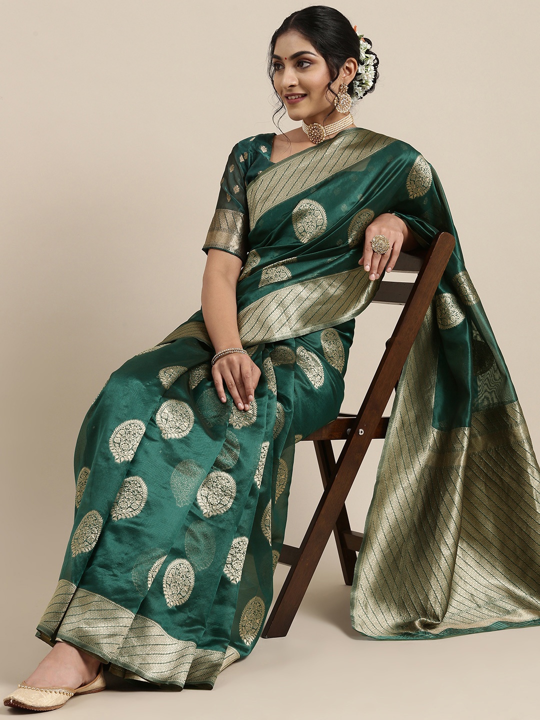 

Saree mall Teal Green Ethnic Motifs Organza Banarasi Saree