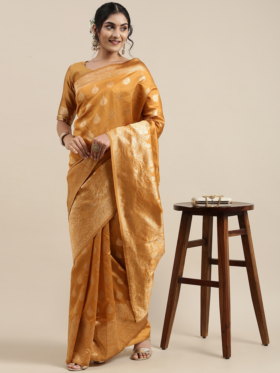 

Saree mall Mustard Yellow Ethnic Motifs Silk Blend Banarasi Saree