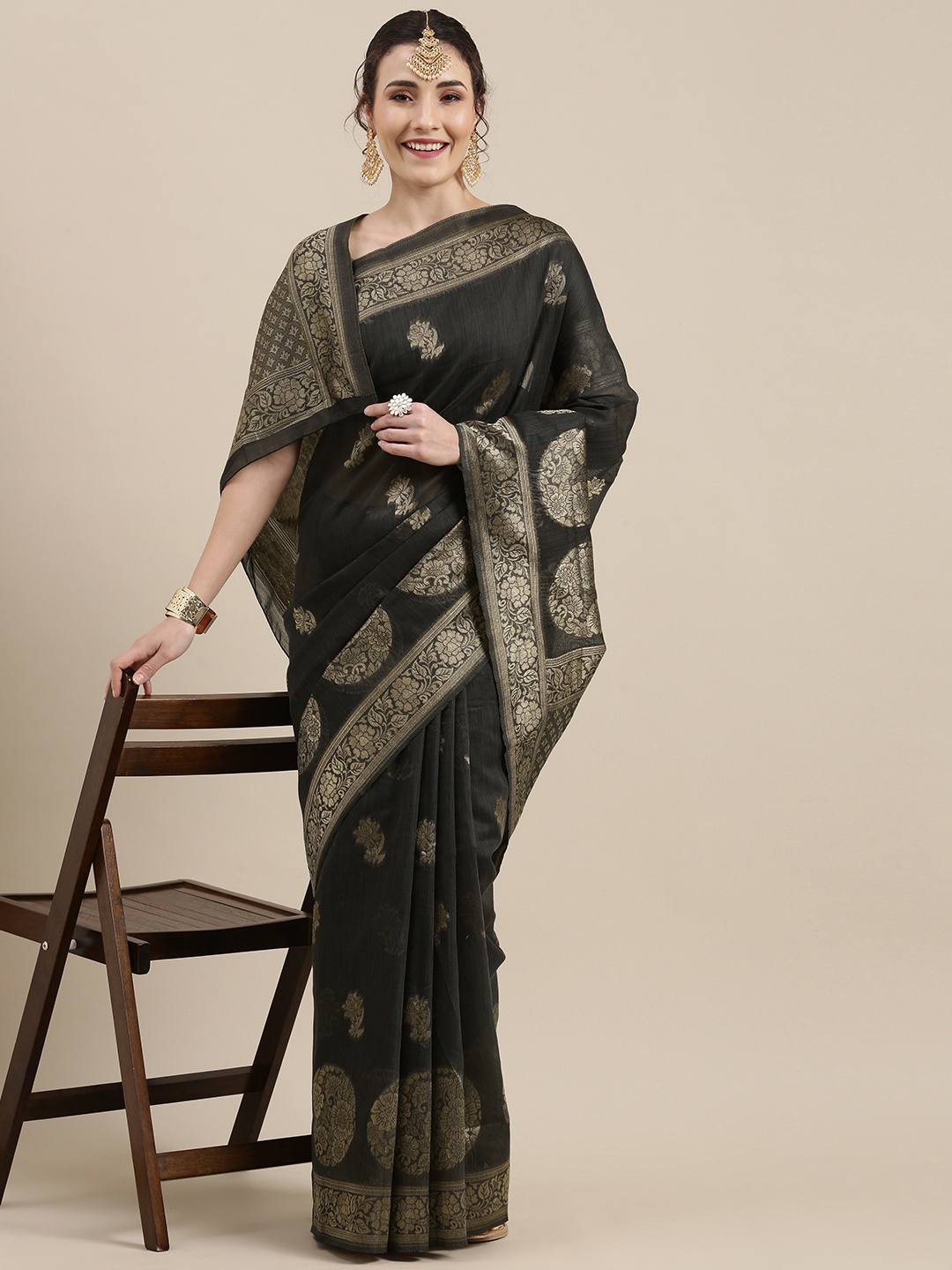 

Saree mall Grey Floral Linen Blend Banarasi Saree