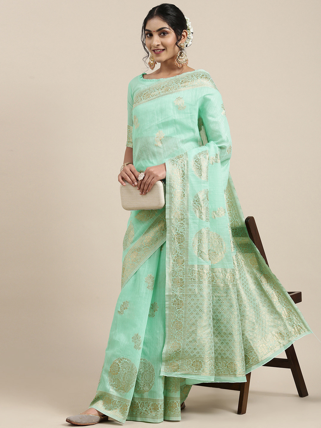 

Saree mall Sea Green Floral Linen Blend Banarasi Saree
