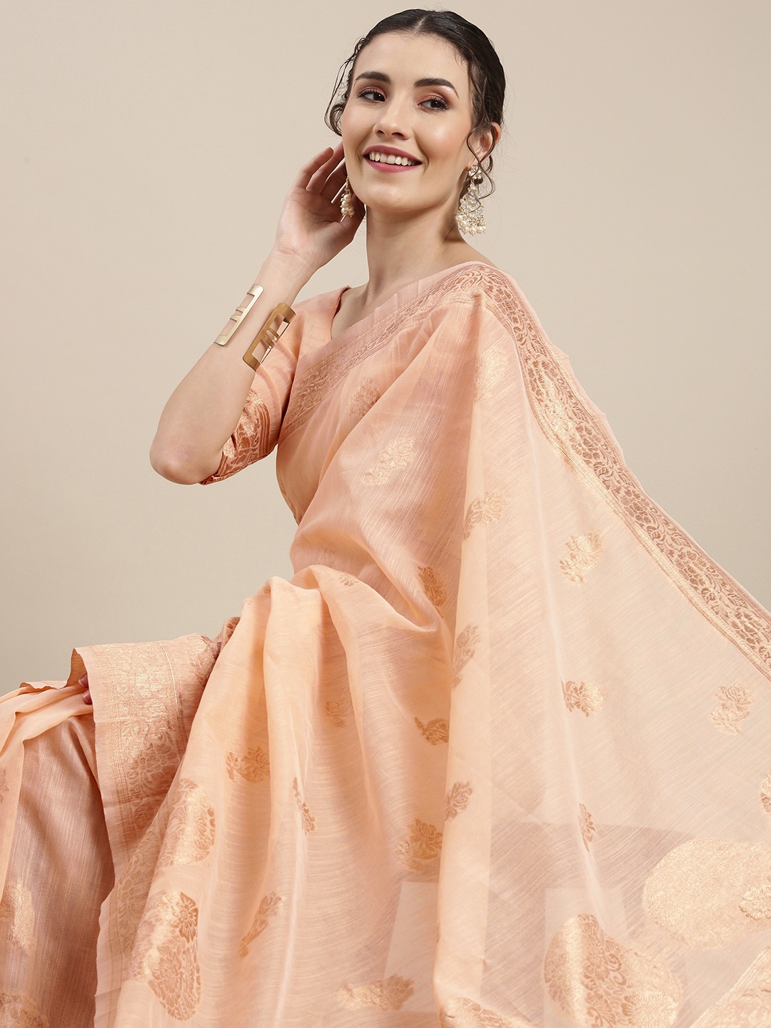 

Saree mall Peach-Coloured Floral Linen Blend Banarasi Saree