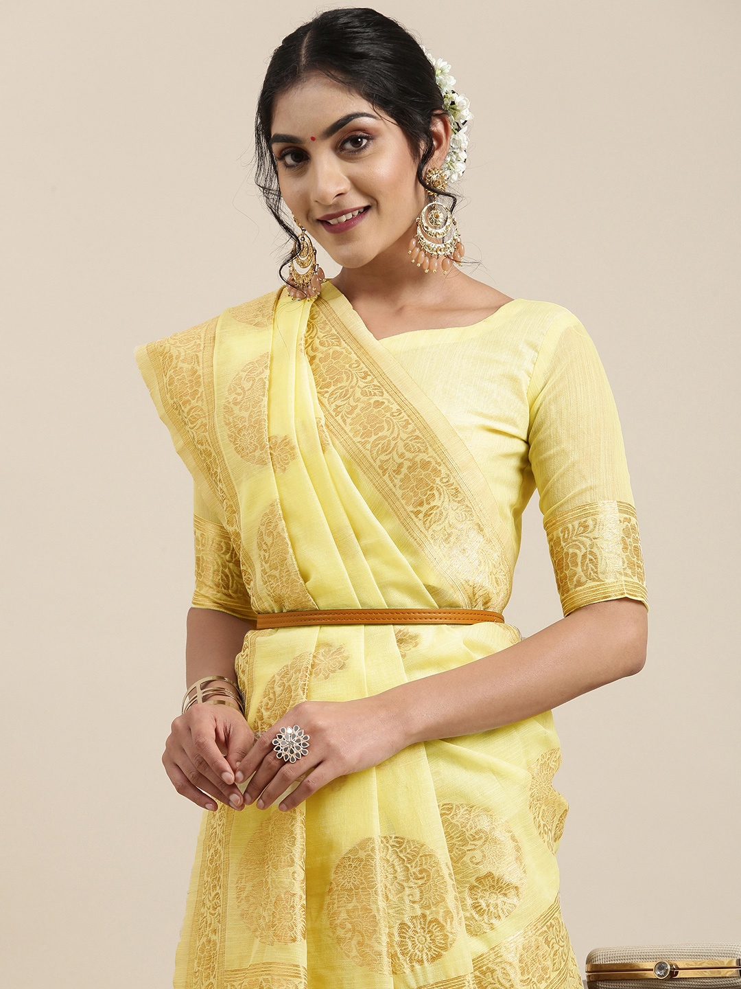 

Saree mall Yellow Floral Linen Blend Banarasi Saree