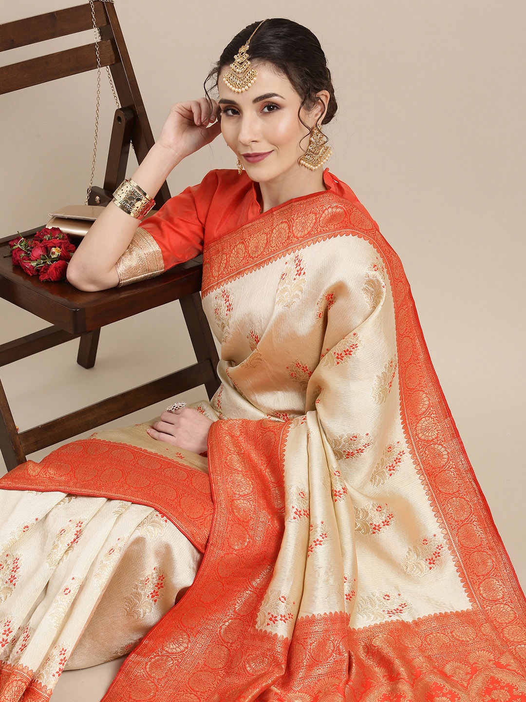 

Saree mall Beige Floral Silk Blend Banarasi Saree