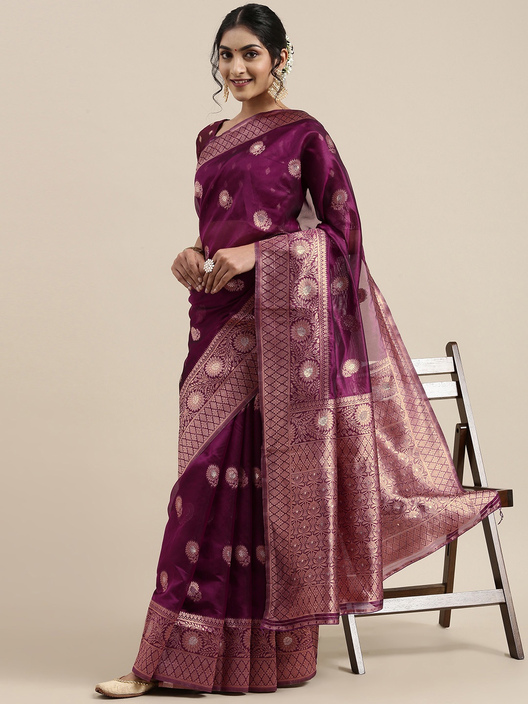 

Saree mall Magenta Ethnic Motifs Organza Banarasi Saree