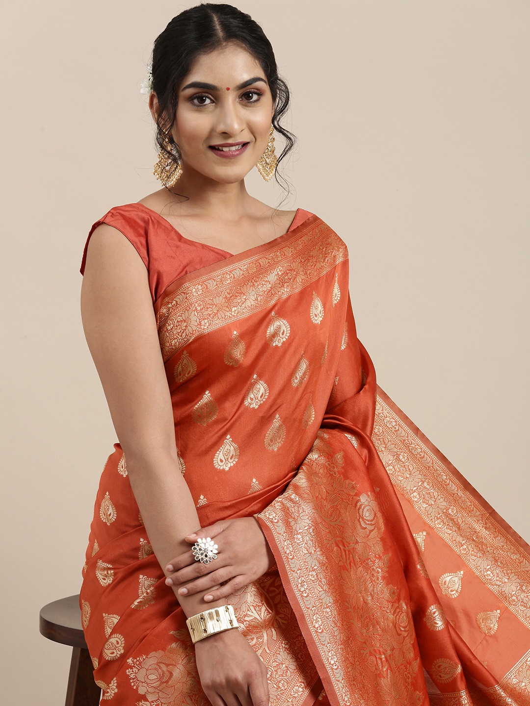

Saree mall Orange Ethnic Motifs Silk Blend Banarasi Saree